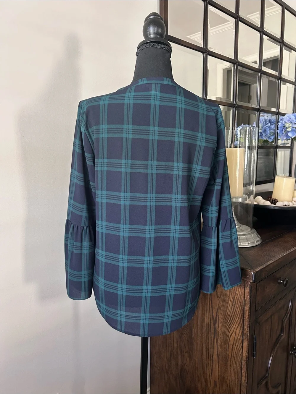 J.Crew green and navy tartan plaid V-neck blouse